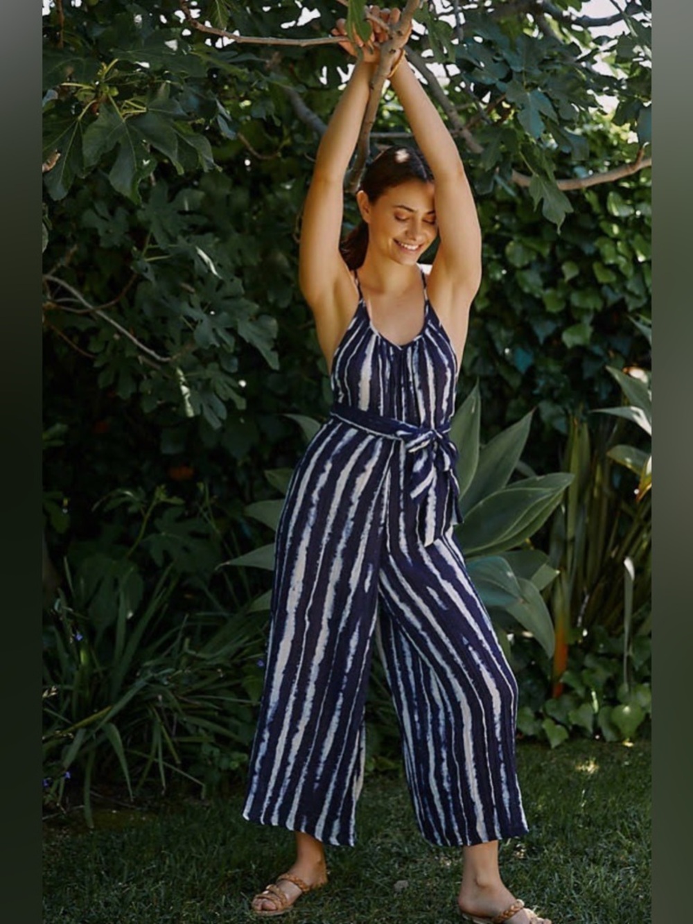 Indigo & White Striped Tie-Waist Jumpsuit